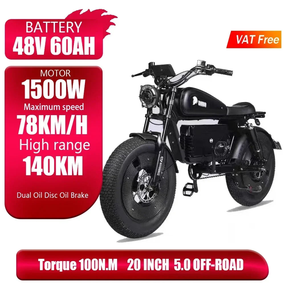 Black electric motorcycle with specifications on a white background
