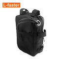 A black textured bicycle pannier bag with multiple compartments, mesh pockets, and adjustable straps, shown on a white background with an 'L-faster' logo in the top-left corner.
