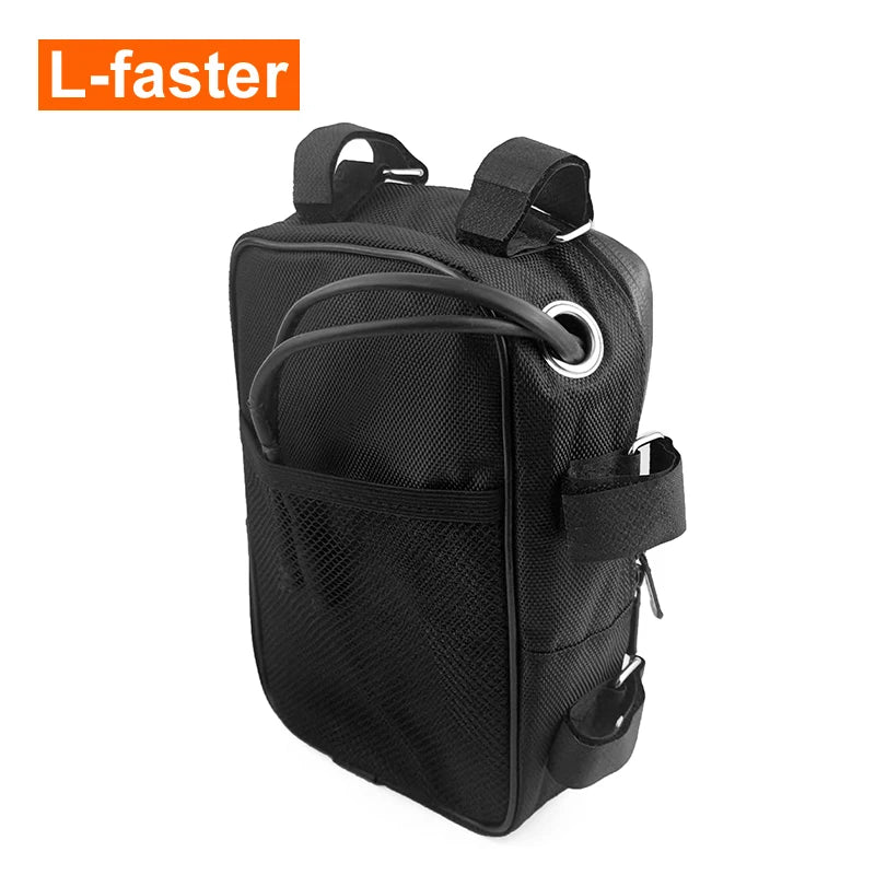 A black textured bicycle pannier bag with multiple compartments, mesh pockets, and adjustable straps, shown on a white background with an 'L-faster' logo in the top-left corner.