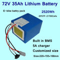 A blue rectangular lithium battery pack with attached red, black, and gray wires, shown on a light blue background with large text reading '72V 35Ah Lithium Battery' and other product specifications.