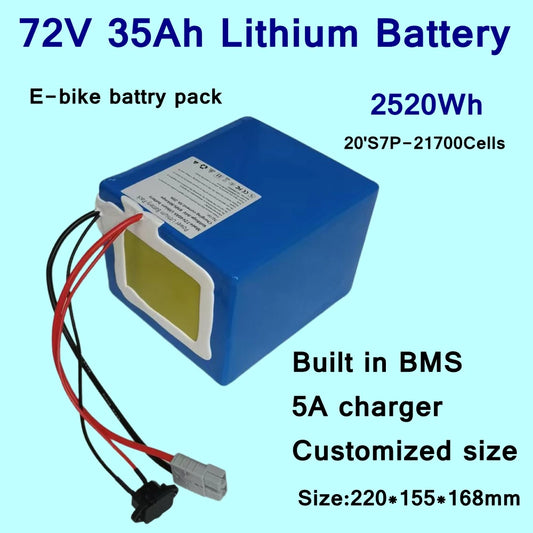 A blue rectangular lithium battery pack with attached red, black, and gray wires, shown on a light blue background with large text reading '72V 35Ah Lithium Battery' and other product specifications.