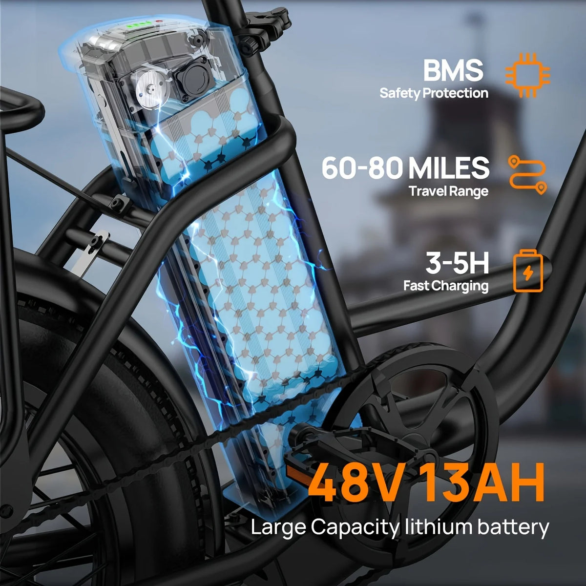 Electric bike battery pack with specifications on a blurred background