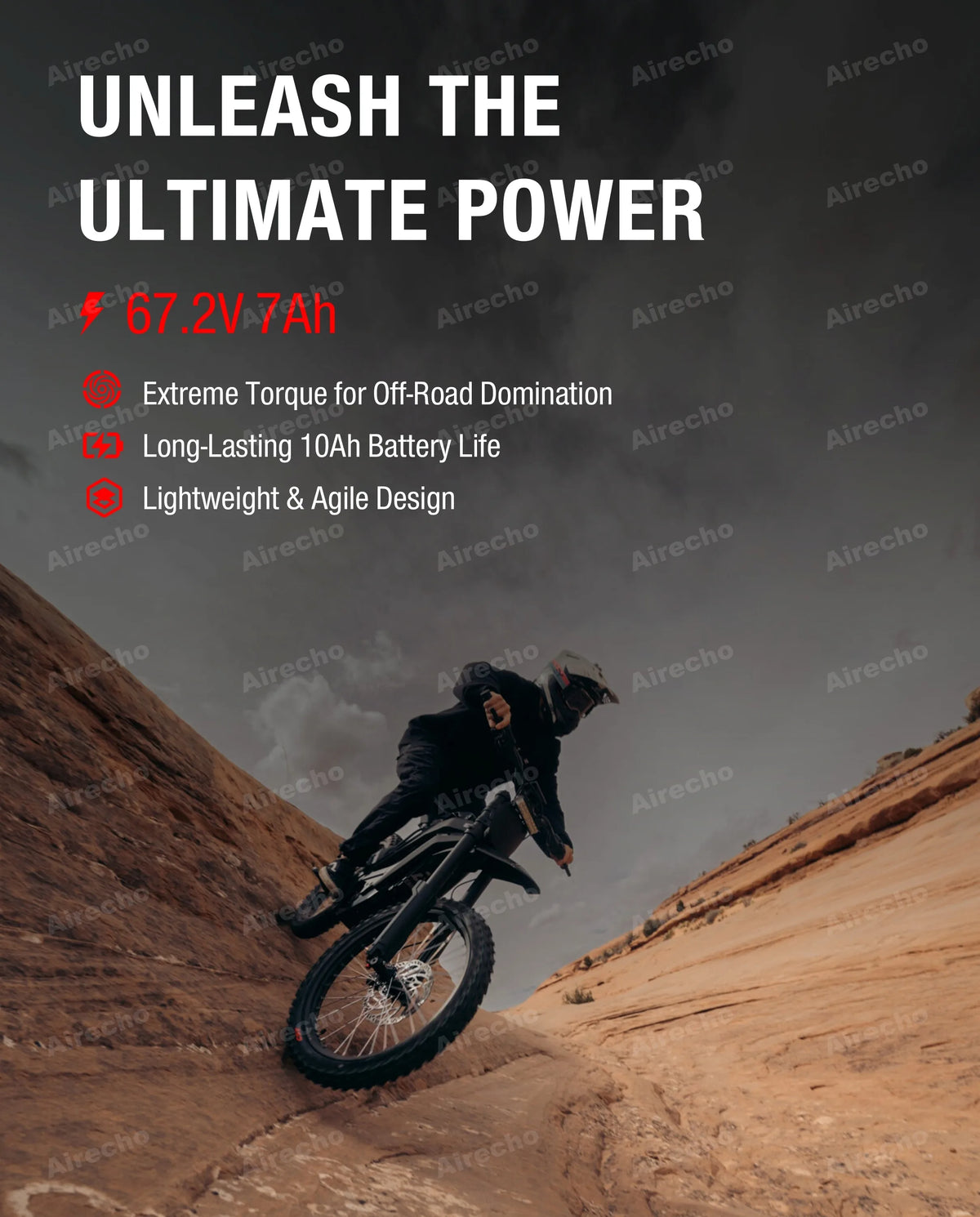 A promotional graphic for a motorcycle battery featuring a rider on a dirt bike descending a rocky desert slope under a dark sky. Large white text reads 'UNLEASH THE ULTIMATE POWER' with red text highlighting '67.