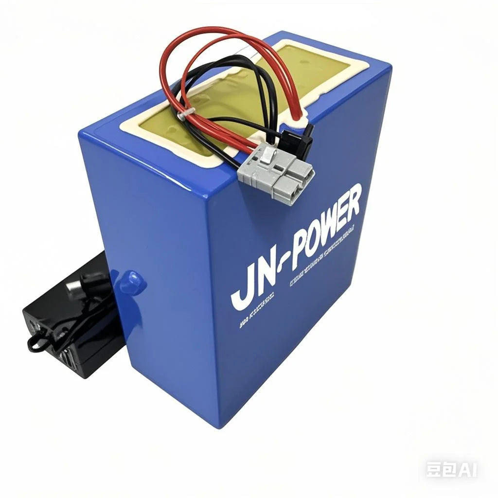 A blue JN-POWER lithium-ion battery pack with attached red, black, and gray cables, shown on a white background with a small black power adapter.