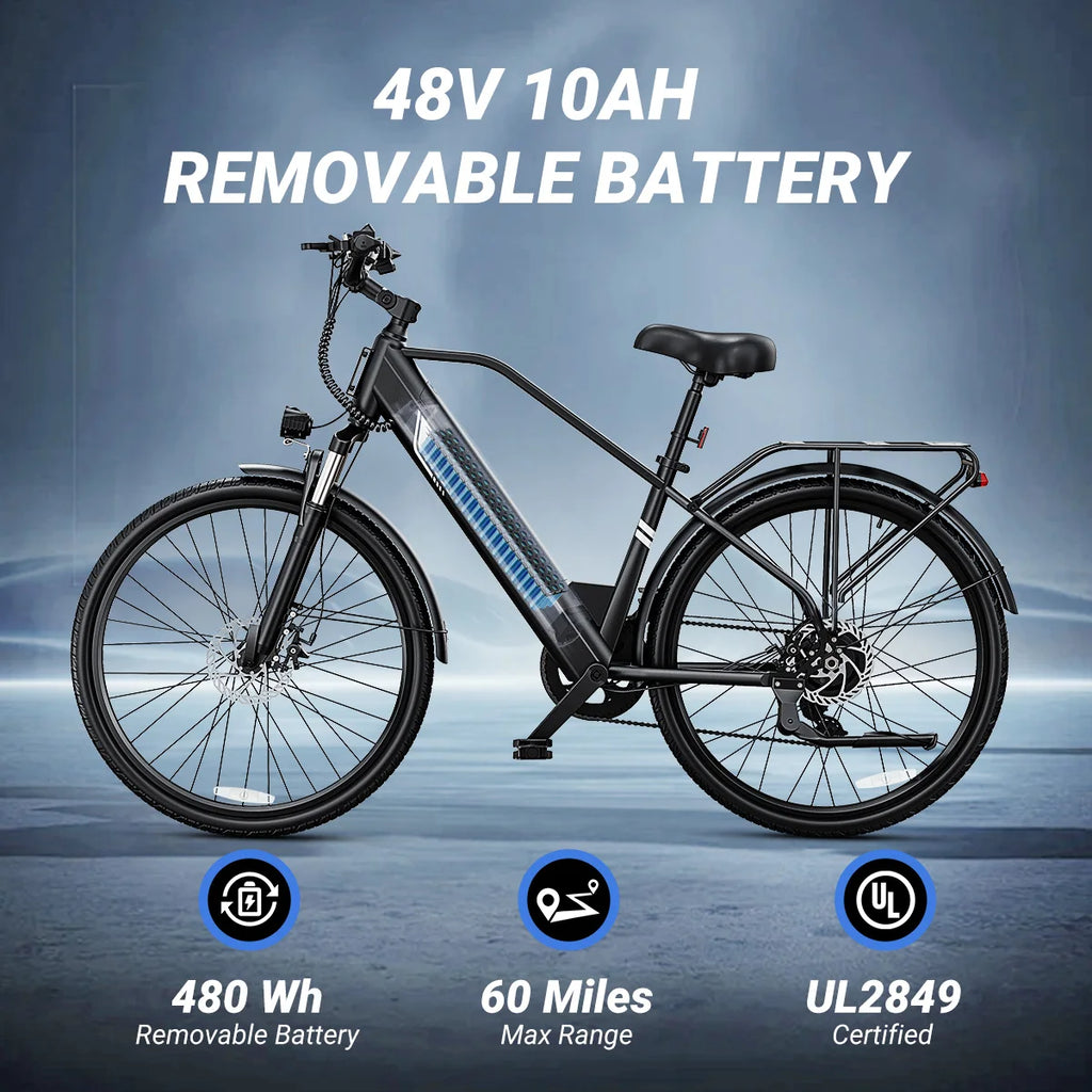 A black electric bicycle with a large battery mounted under the frame, shown on a blue-gray gradient background with promotional text reading '48V 10AH REMOVABLE BATTERY' and feature icons below.