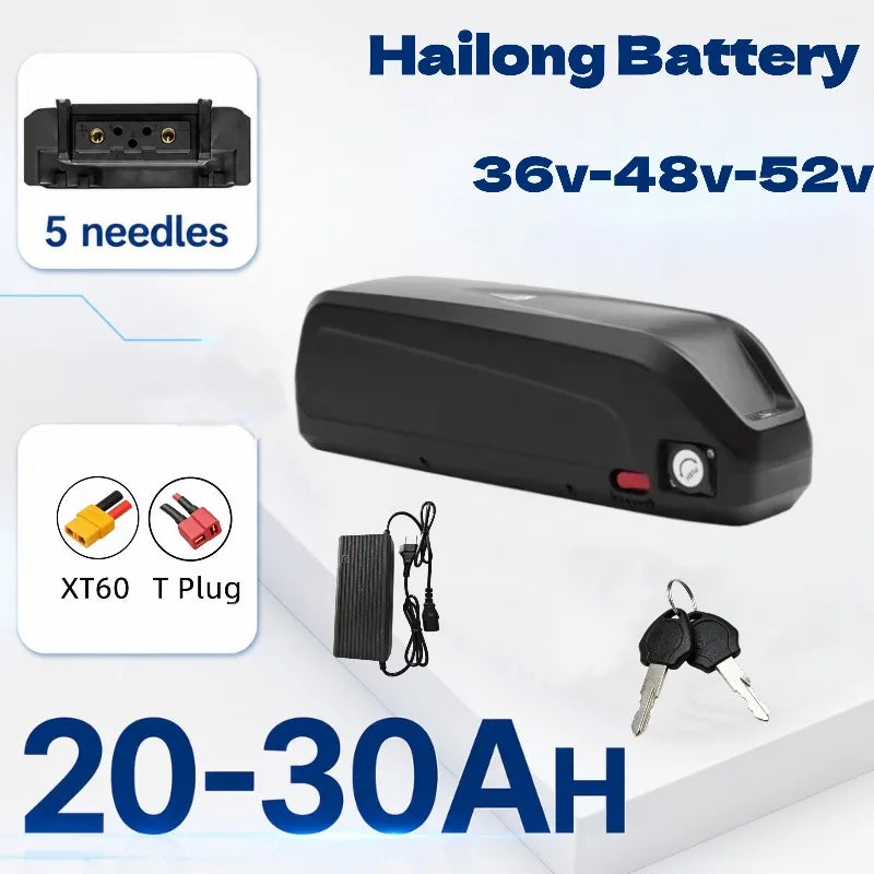 Hailong battery 20-30Ah for electric bicycles, shown with its charger, two keys, and accessories on a white background with blue text overlays.