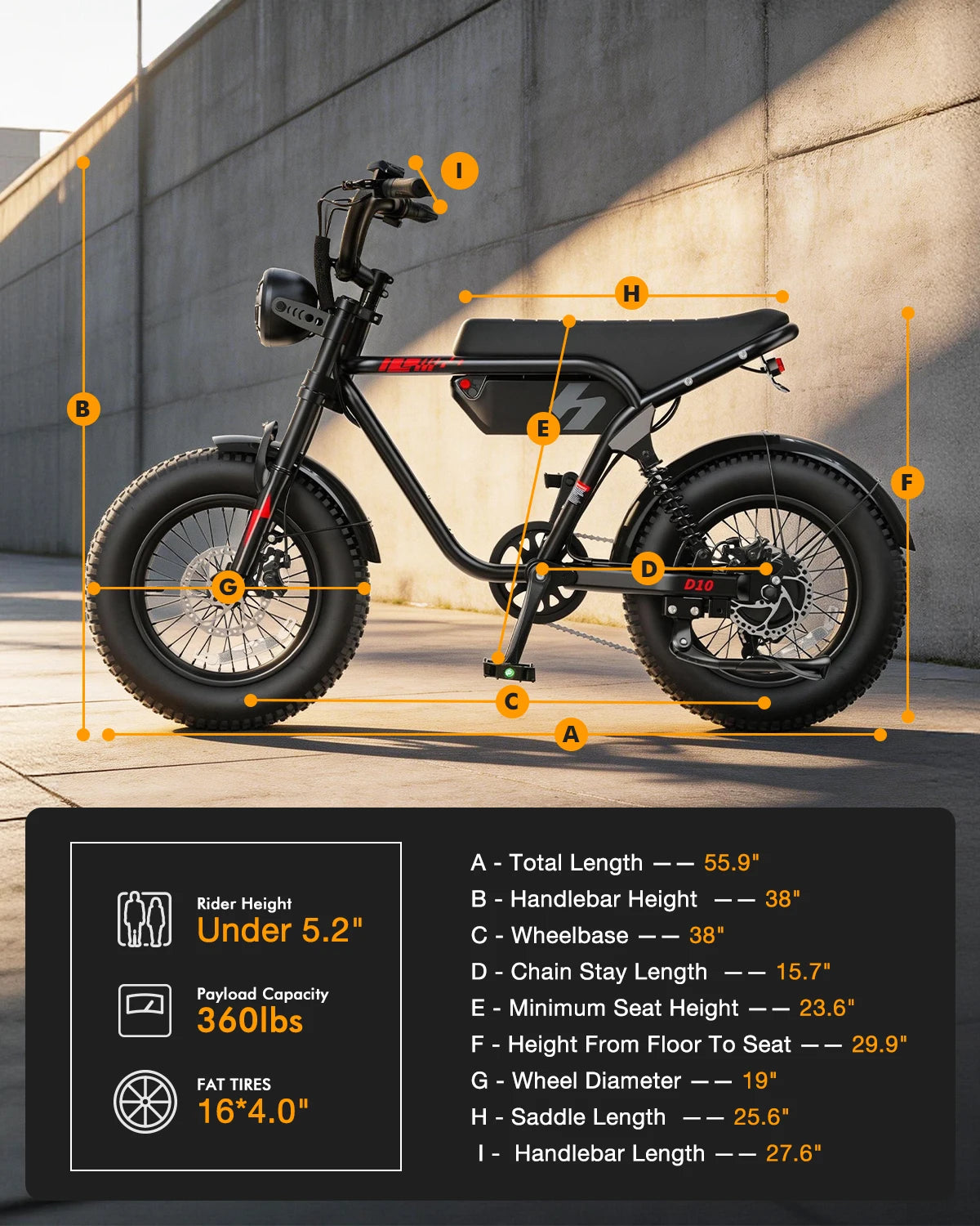 Electric bike with measurement labels against a concrete wall.