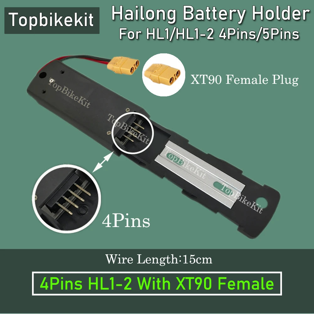 A black Topbikekit Hailong battery holder for HL1/HL1-2 4-pin/5-pin connections, shown on a muted green background with text callouts, a XT90 female plug inset, and close-up circular insets of the connector ends.