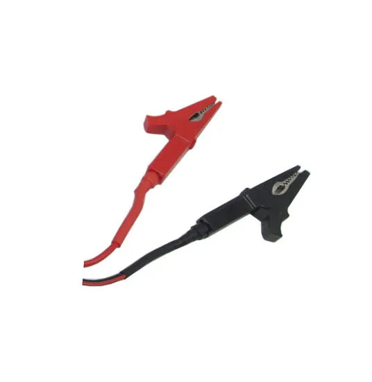 Two multimeter test leads with red and black clamps on a white background.