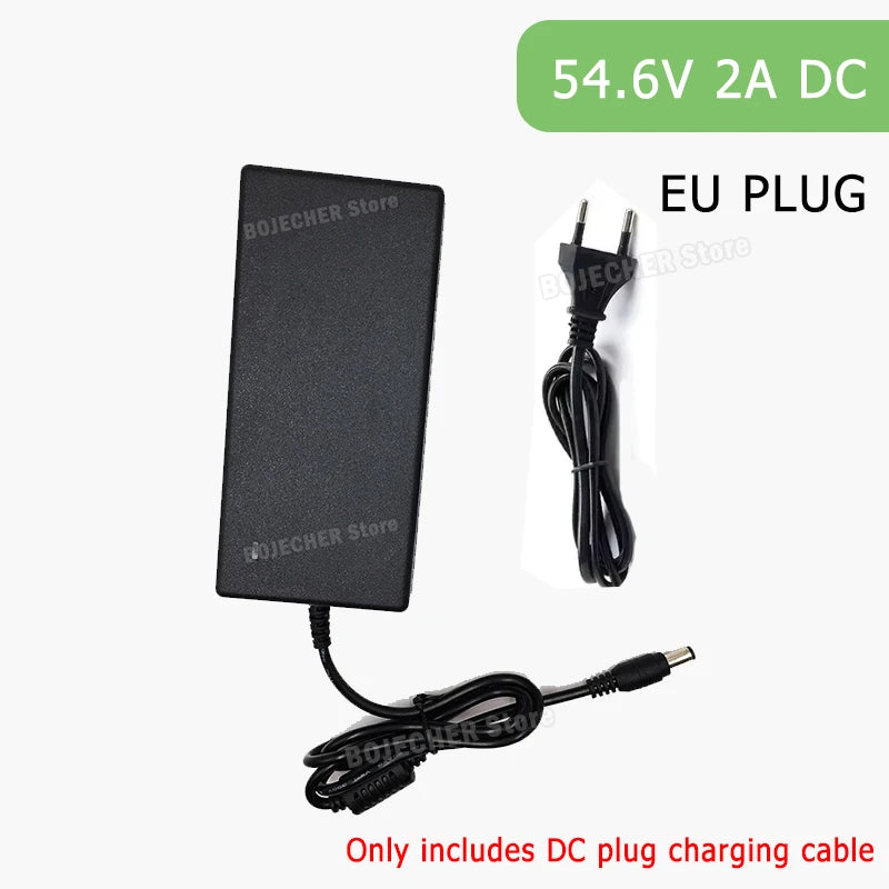 Black 54.6V 2A DC adapter with EU plug and charging cable on a white background, with text indicating '54.
