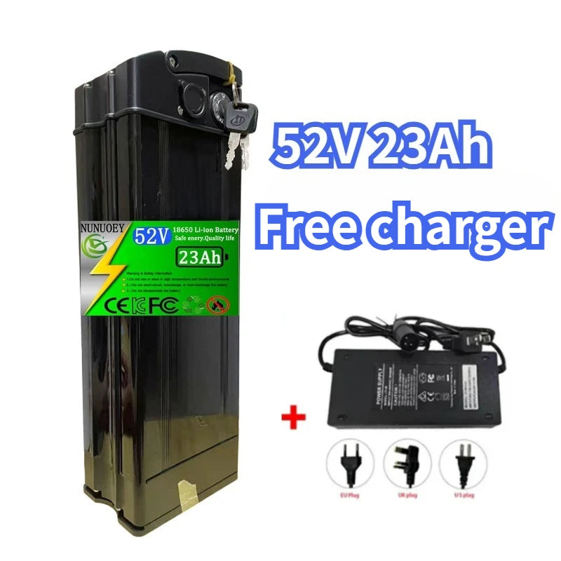 A black 52V 23Ah lithium-ion battery shown upright with a green label, alongside a black power adapter and three plug icons, with text reading '52V 23Ah Free charger'.