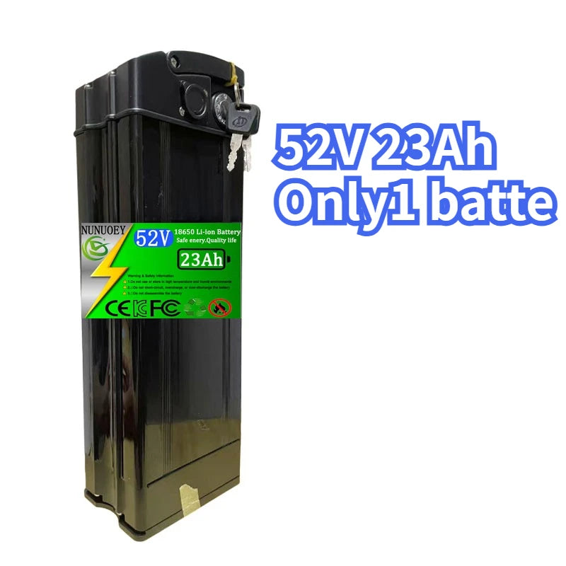 A black rectangular lithium-ion battery with a green and white label reading 52V 23Ah, shown on a white background with blue text overlay that says '52V 23Ah Only1 batte'.