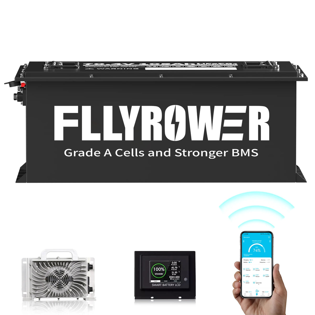A large black rectangular battery unit with bold white FLYROWER branding and the text 'Grade A Cells and Stronger BMS' on a white background. Below, smaller inset images show a cooling fan, a battery management display, and a hand holding a smartphone with a wireless app interface.