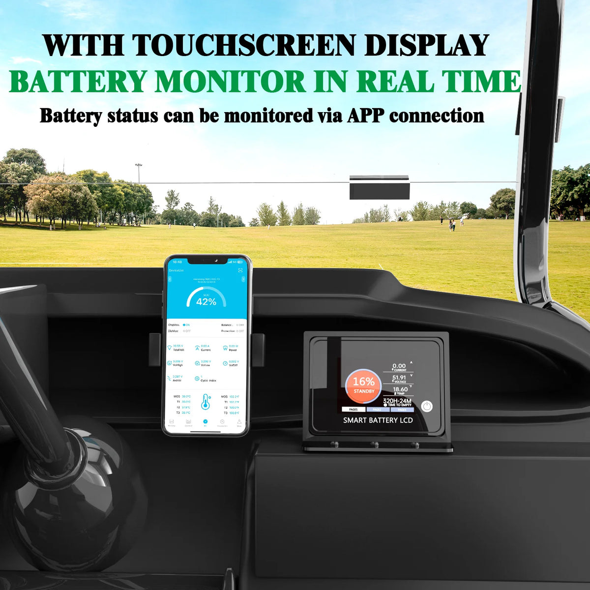 A smart battery LCD monitor and a smartphone mounted inside a golf cart dashboard, with a golf course visible through the windshield. Text at the top reads 'WITH TOUCHSCREEN DISPLAY BATTERY MONITOR IN REAL TIME Battery status can be monitored via APP connection'.