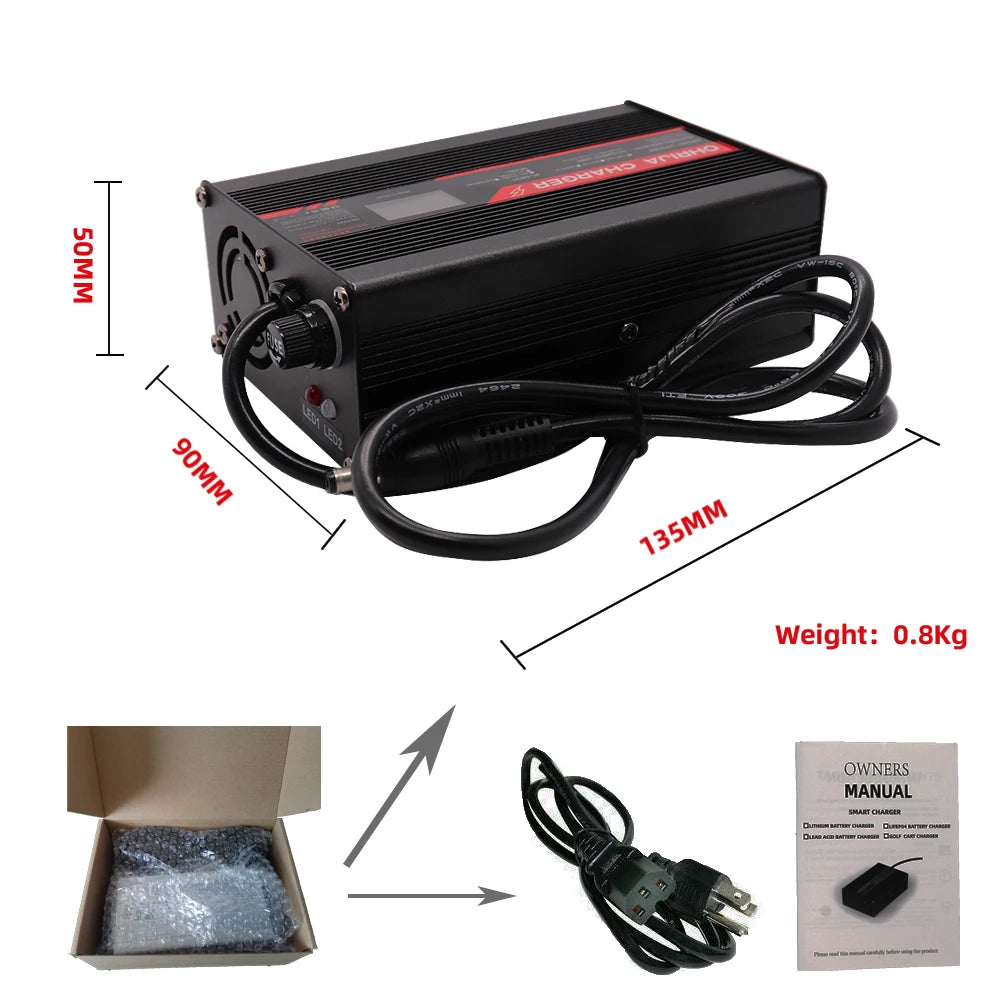 Power inverter with dimensions, weight, packaging, and owner's manual displayed.