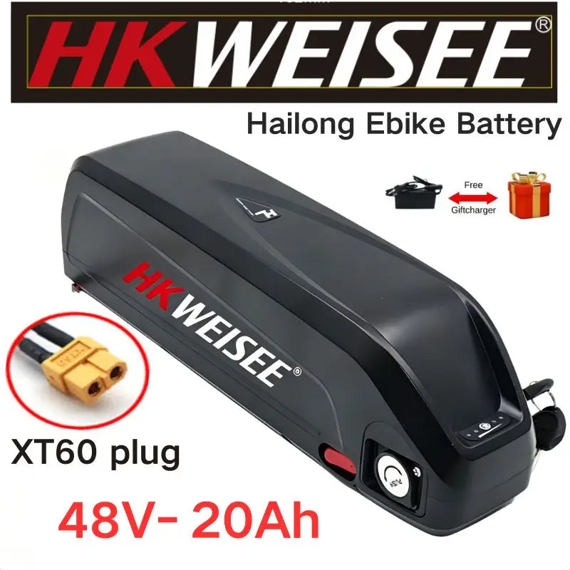 Black HK WEISEE Hailong ebike battery with red and white logo, shown on a white background with an XT60 plug inset and text reading 36V-20Ah.