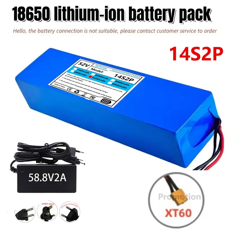 A blue 18650 lithium-ion battery pack labeled 14S2P, shown with a black 58.8V 2A charger, plug icons, and a XT60 connector detail on a white background with promotional text.