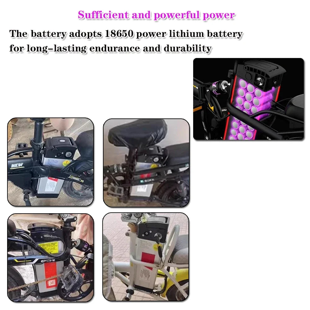 A promotional collage for an electric bike battery system. The top text reads 'Sufficient and powerful power' and 'The battery adopts 18650 power lithium battery for long-lasting endurance and durability.