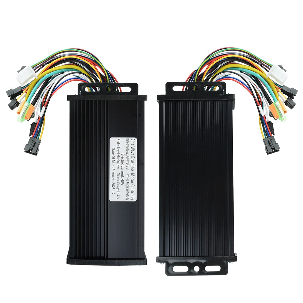 Two black rectangular electronic controller units with attached multicolored wiring harnesses, shown on a plain white background.
