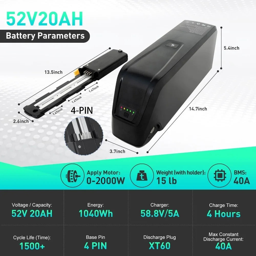 A 52V20AH portable power bank shown with dimension callouts and technical specifications on a white and teal graphic background. The main product is a black rectangular battery pack with a small display showing green battery icons.