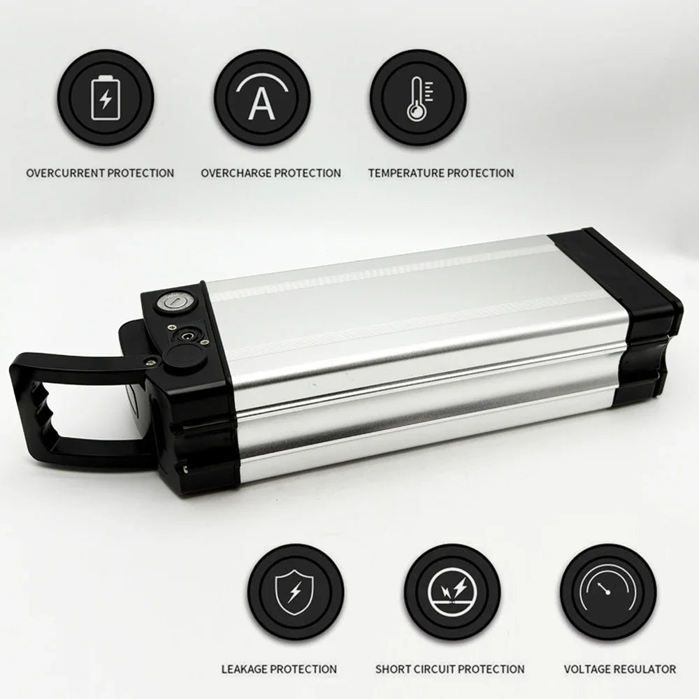 A silver and black rectangular portable battery pack with a handle, shown on a light gray background with five black circular feature icons above and below. The icons highlight protection features including overcurrent, overcharge, temperature, leakage, short circuit, and voltage regulation.
