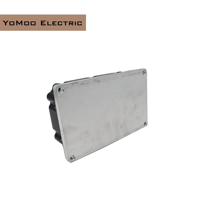 A rectangular silver metal electrical enclosure cover with pre-drilled screw holes and a black side housing, shown on a white background with a 'YoMoo Electric' logo in the top-left corner.