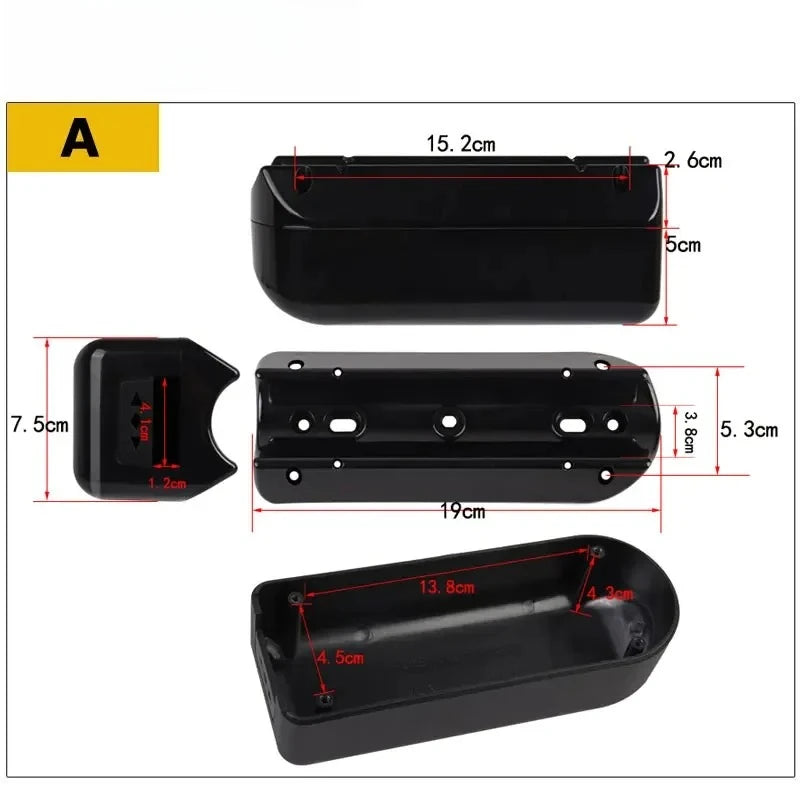 Black plastic mounting bracket shown from multiple angles with red dimension labels and measurements on a white background.