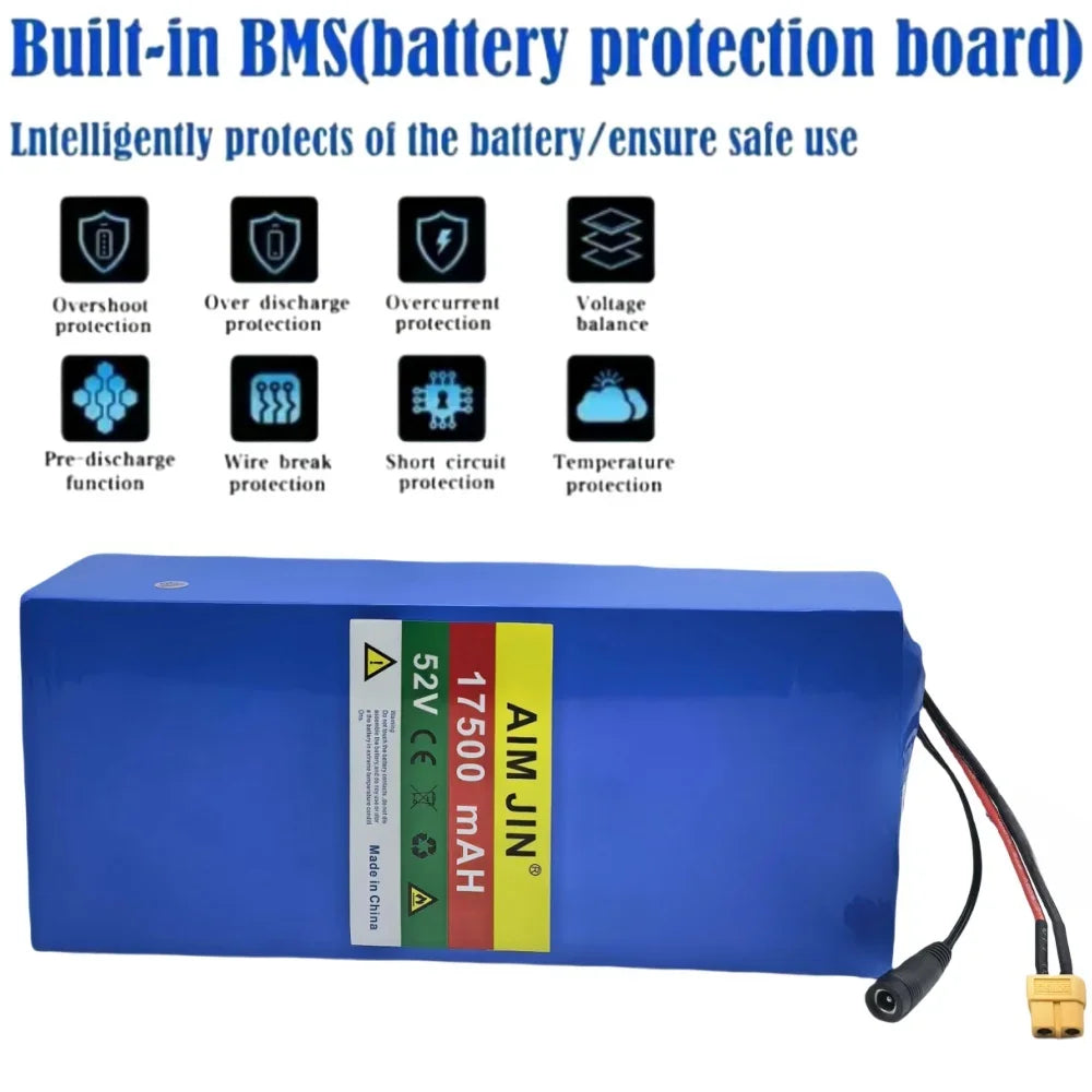 Blue AIM JIN 17500 lithium-ion battery with a built-in BMS (battery protection board) label, shown with its connector cable on a white background with feature icons and text.