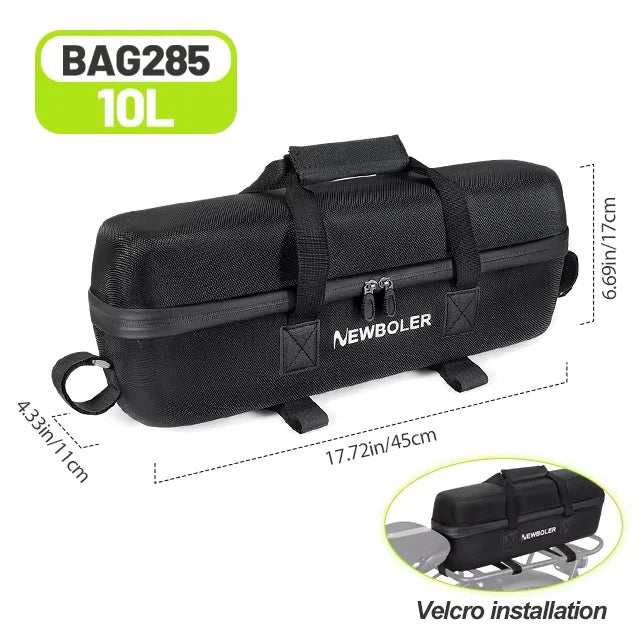 Black Newboler 10L bicycle bag shown on a white background with dimension lines and text indicating measurements, plus a small inset showing Velcro installation.