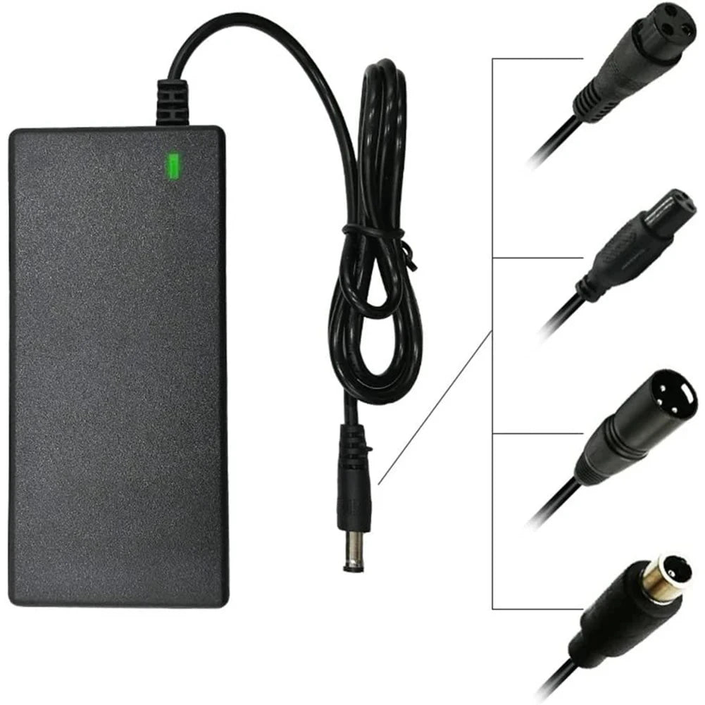 Black power adapter with various connector tips on a white background