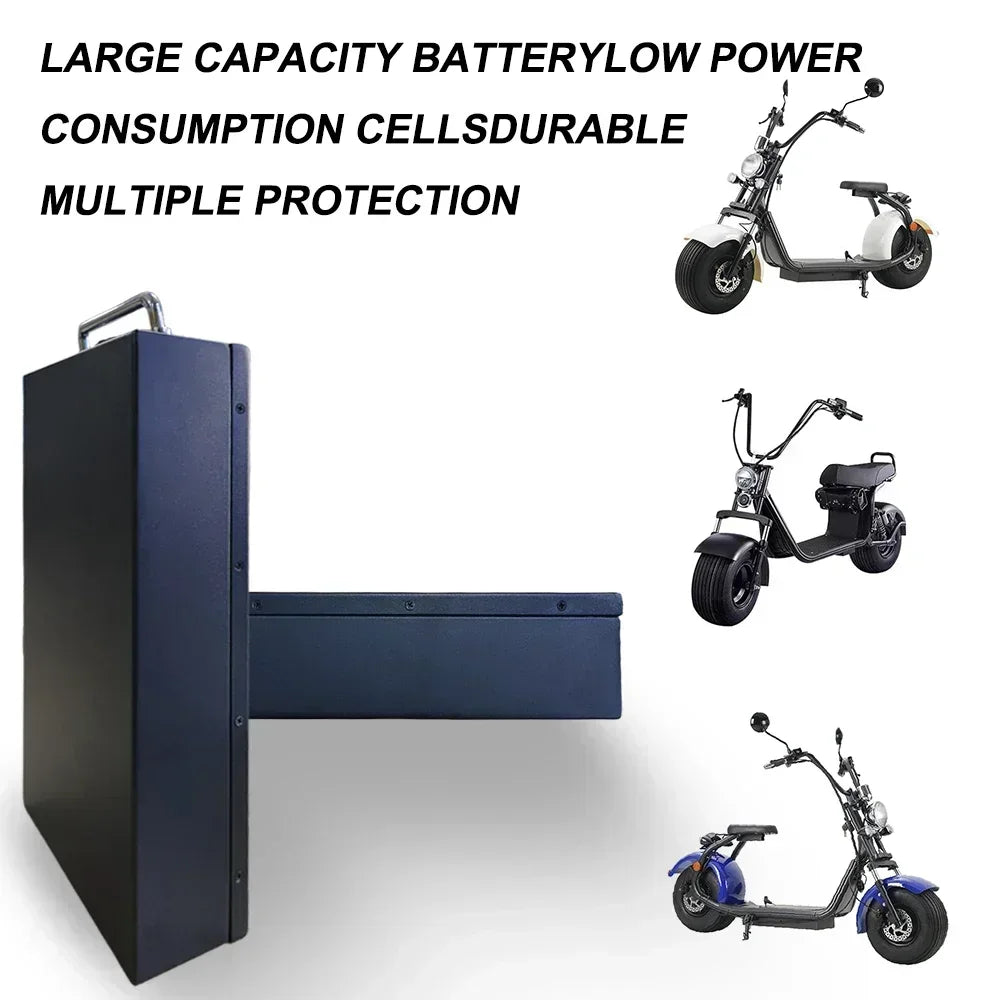 Electric scooters with a large capacity battery and multiple protection features on a white background.