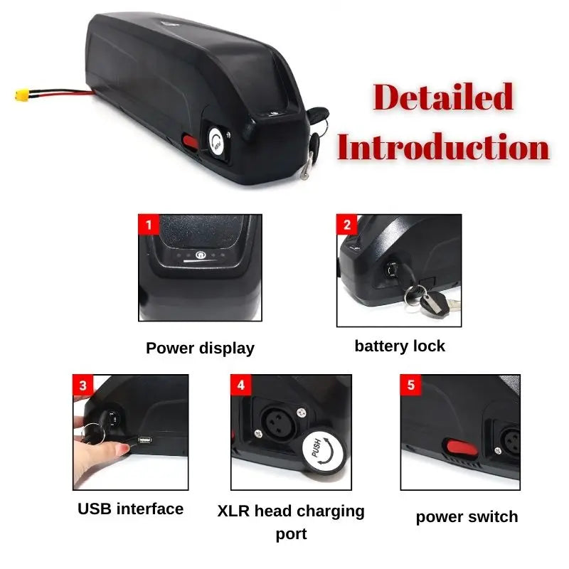 Black battery pack with labeled features on a white background