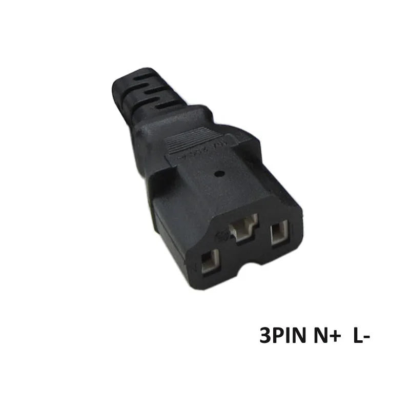 Black 3-pin electrical plug on a white background