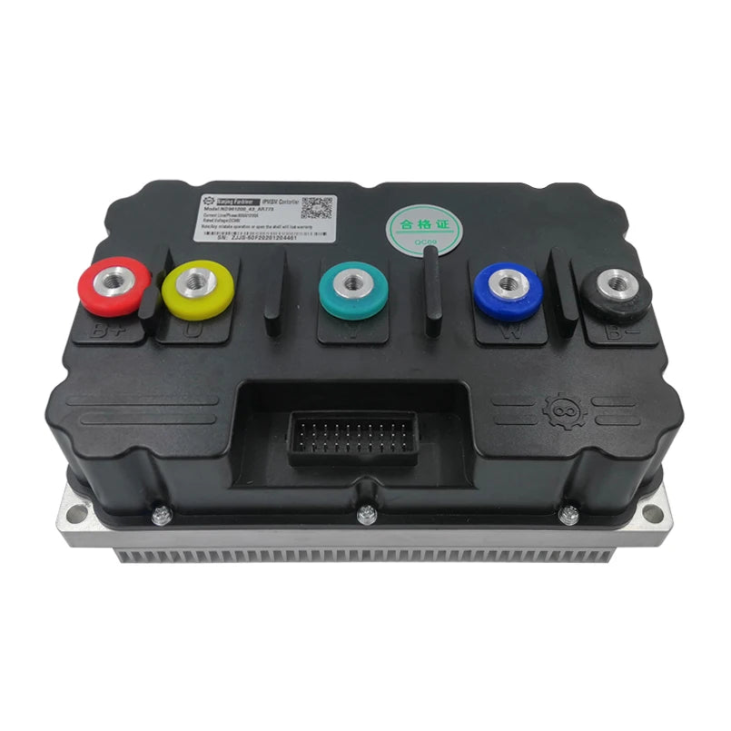 A black industrial electronic power module with six colored terminal caps (red, yellow, teal, blue, silver, and black) on a white background.