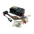An electric motor controller kit with a black main control box, a black throttle/switch assembly, multicolored wiring, white connectors, mounting hardware in a clear bag, and a metal plate, photographed on a white background.