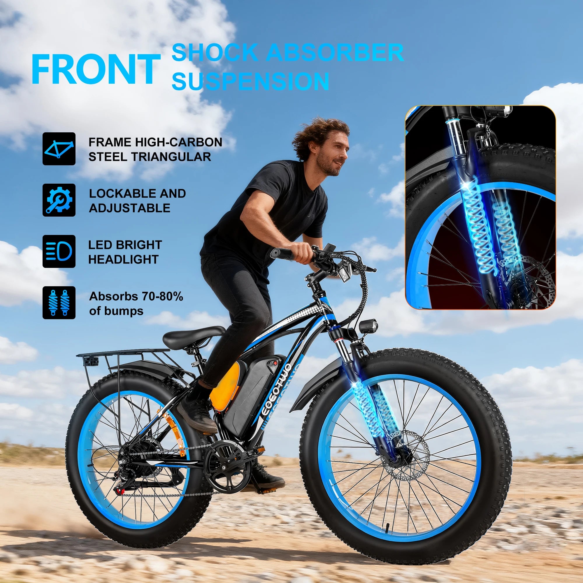 Man riding an electric bike with features highlighted on a clear sky background