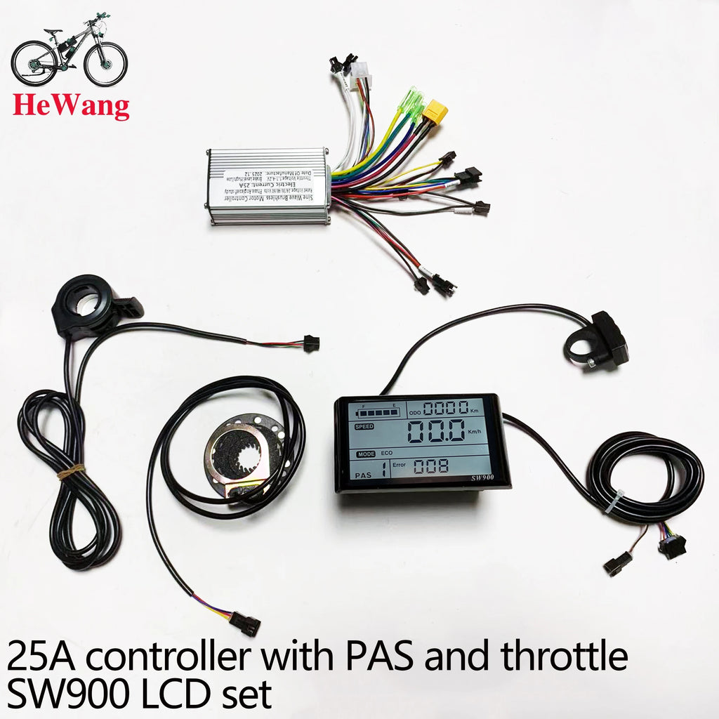 Electric bike controller with wiring harnesses and display on a white background, featuring the brand 'Hewang'.