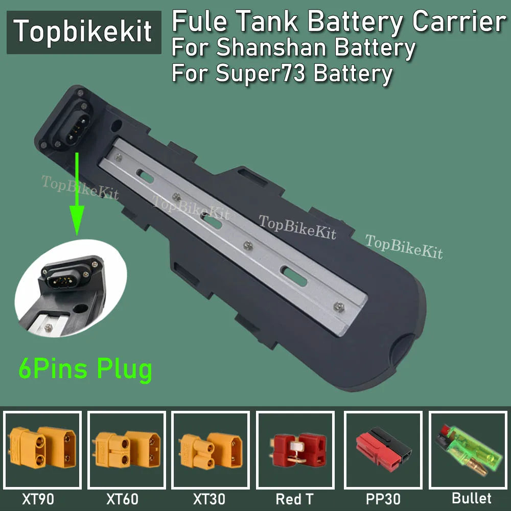 Topbikekit battery carrier for Shanshan battery and Super 73 battery, featuring a black plastic frame with a silver metal rail and a 6-pin plug connector, shown on a green background with product details and connector options.