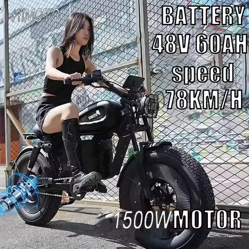 A woman rides a black electric moped with a large front wheel and thick tires in front of a chain-link fence. White text overlays highlight battery specs (48V 60AH, speed 78KM/H) and motor power (1500W).