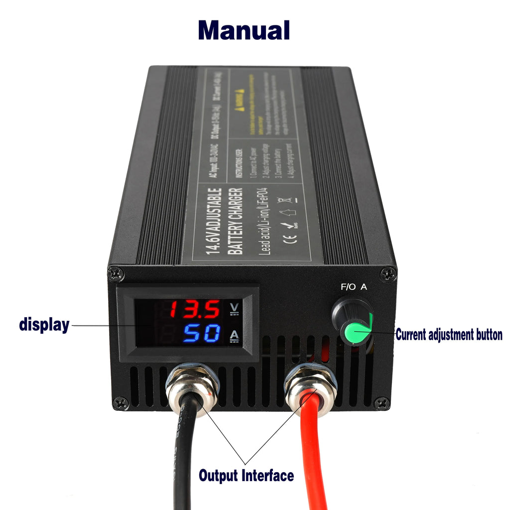 A black rectangular battery charger with a digital display screen, labeled 'Manual' at the top. The charger has red and black cable outputs, and text labels point to the display, current adjustment button, and output interface on a white background.