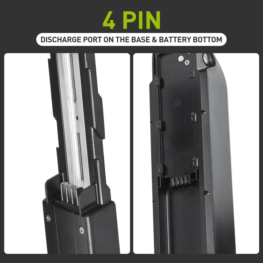 Close-up product detail showing a 4-pin discharge port on the base and battery bottom, with text reading '4 PIN' and 'DISCHARGE PORT ON THE BASE & BATTERY BOTTOM' on a dark background.