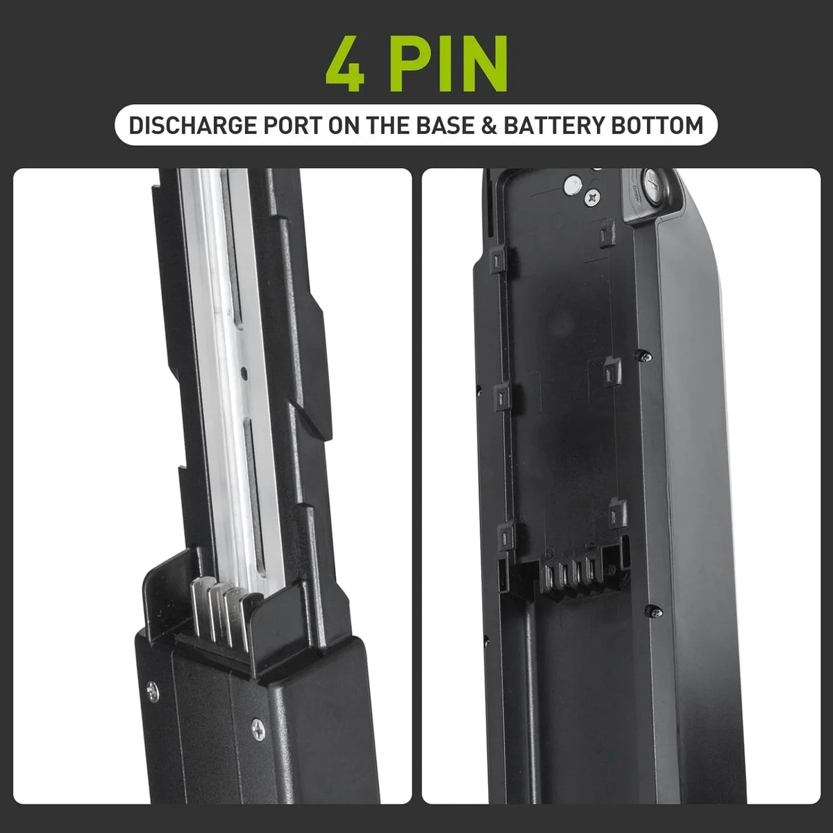 Close-up product detail showing a 4-pin discharge port on the base and battery bottom, with text reading '4 PIN' and 'DISCHARGE PORT ON THE BASE & BATTERY BOTTOM' on a dark background.