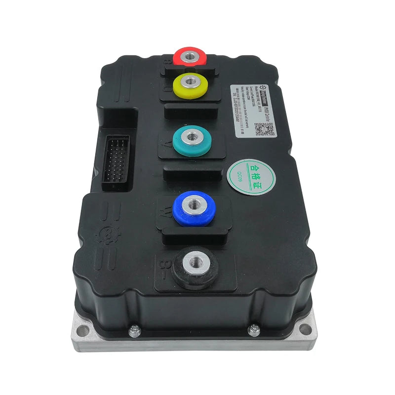 A black industrial electronic power module with a silver metal base plate and five colored terminal caps (red, yellow, teal, blue, white) on top, photographed on a white background.
