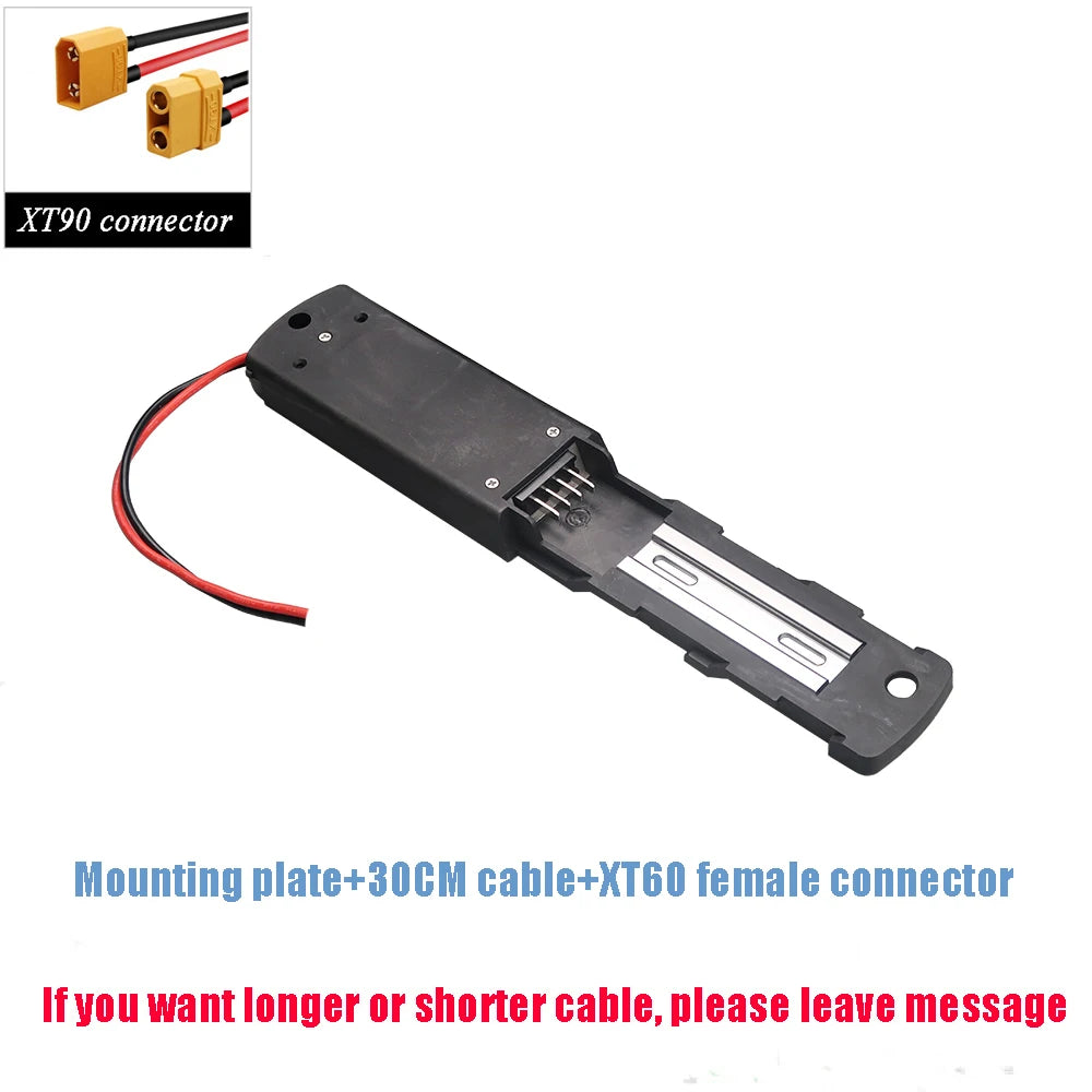 Black plastic battery terminal strip or battery holder with a red and black wire, shown on a white background with an inset of XT90 connector and text describing included parts and cable length.