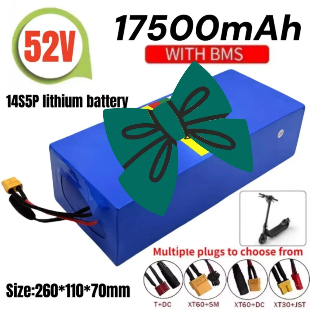A blue 14S5P 17500mAh lithium battery with BMS, shown on a white background with text overlays indicating 52V, size, and multiple plug options, plus a small inset showing an electric scooter.