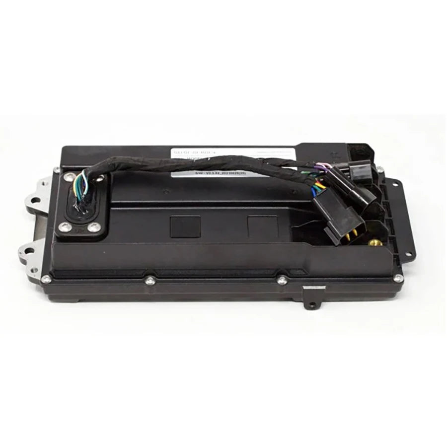 A black automotive electronic control module with attached wiring harnesses and connectors, photographed on a plain white background.