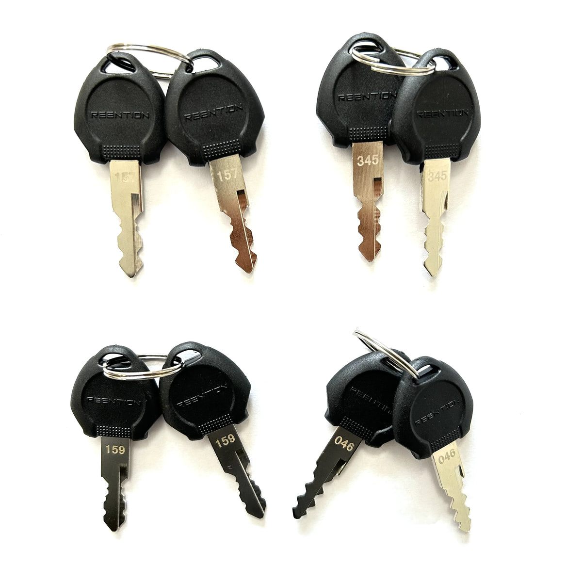 Five sets of MENTON brand replacement keys with black plastic heads and silver metal blades, arranged in a 2x3 grid on a white background.