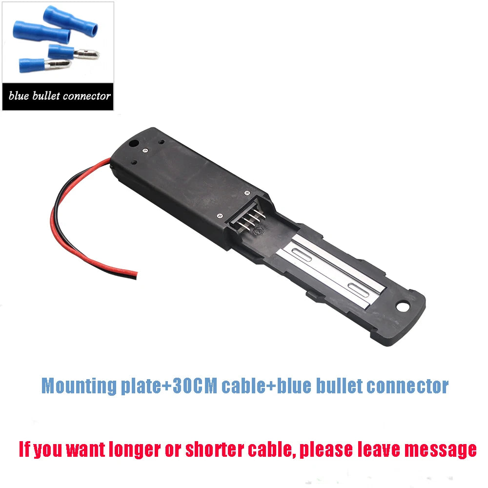 A black plastic battery holder or battery compartment with a red and black wire attached, shown on a white background. An inset at the top left shows blue bullet connectors, and text below reads 'Mounting plate+30CM cable+blue bullet connector' with a red note saying to leave a message if a longer or shorter cable is desired.