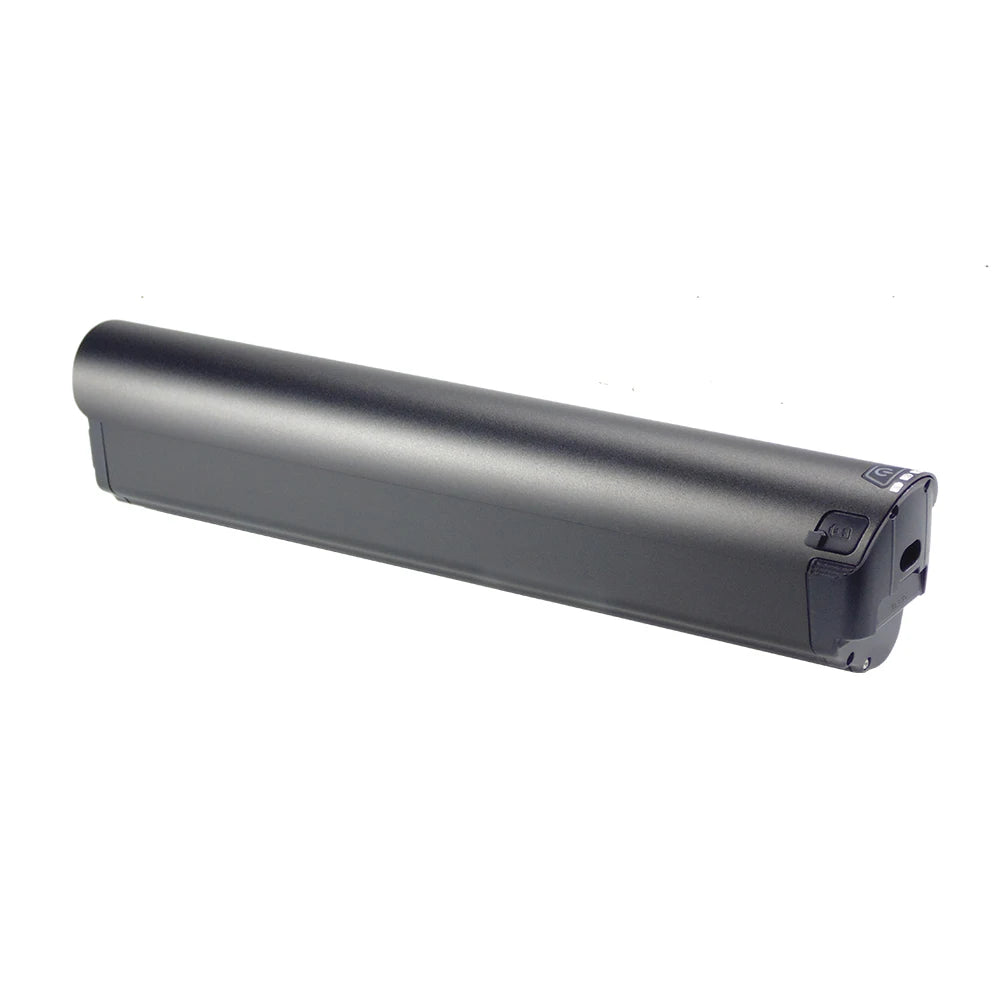 A long, cylindrical black battery pack with a matte finish, shown at an angle on a plain white background.
