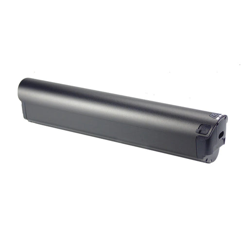 A long, cylindrical black battery pack with a matte finish, shown at an angle on a plain white background.
